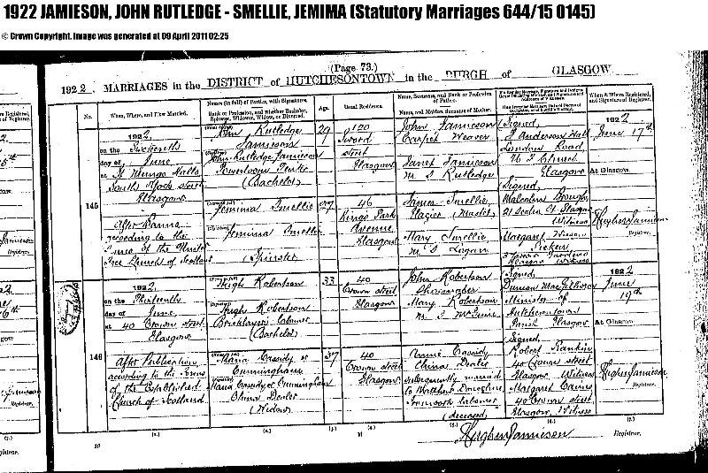 Jamieson (John Rutledge) 1922 Scotland Marriage